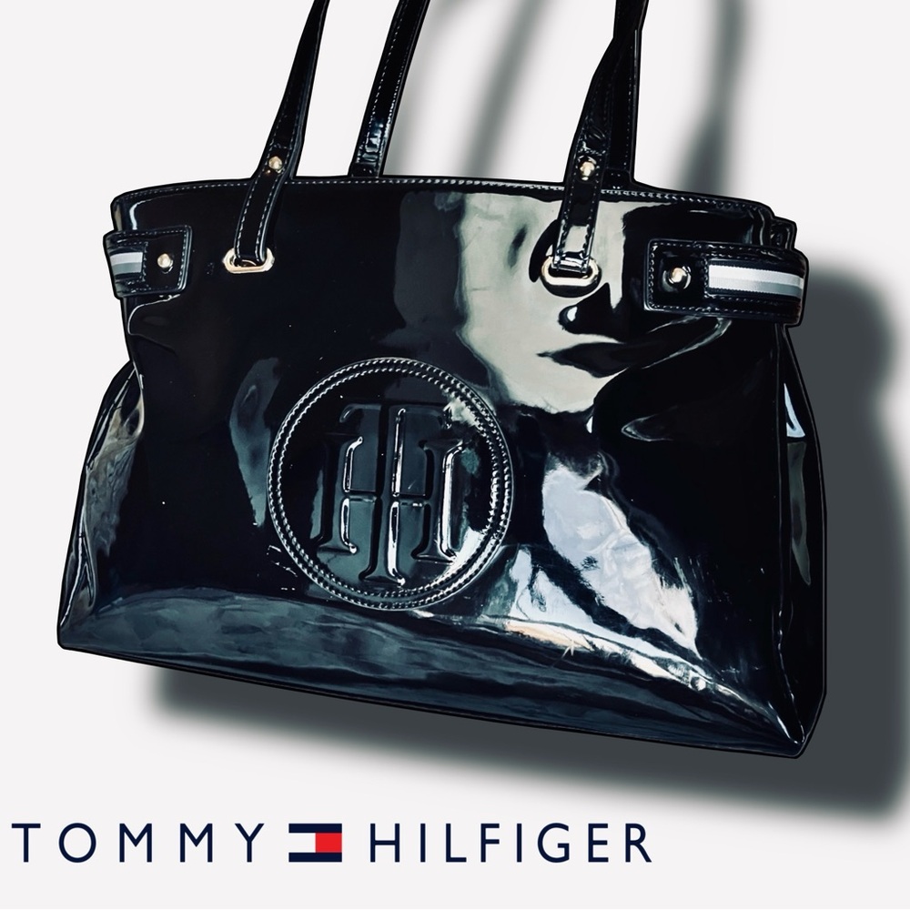 Black patent leather Tommy Hilfiger shoulder bag with gold hardware